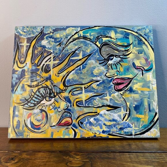 Sun and Moon hand painted wooden canvas painting wall hanging 14x11